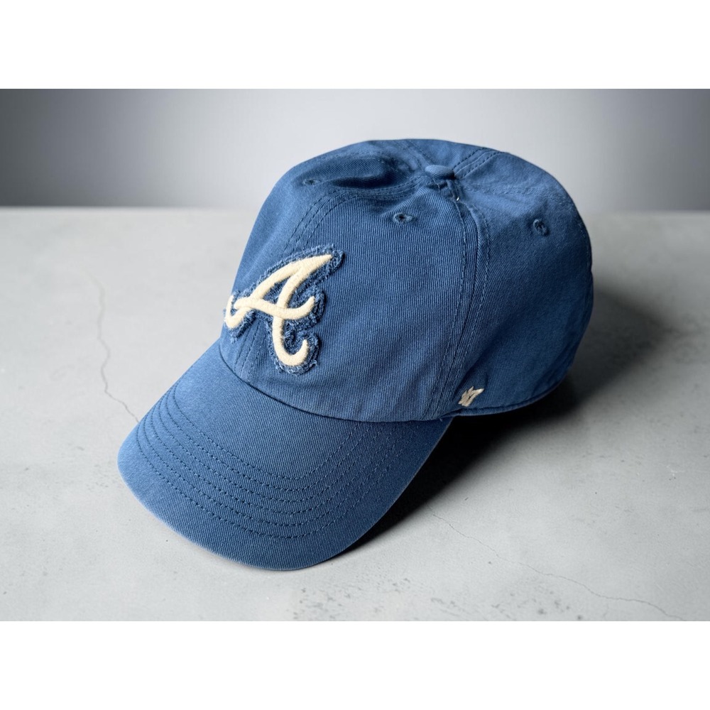 47 Brand Atlanta Braves Hat Blue Frayed Applique Logo Adjustable MLB Cap